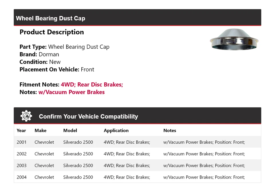 Tapa antipolvo delantera para Chevrolet Silverado 2500 2001-2004 4x4 Dorman cojinete de rueda Foto 2 de 4