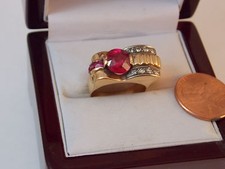 Grob Retro Deko Rose 18K Gold Sint Rubin Diamant 6.7g Größe 7 Gürtel Ring G1