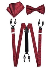 Paisley Floral Suspenders Set 6 Clips Y Shape Pre-tied Bow Tie Pocket Square