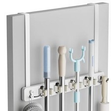 Broom Holder Door Mount, Over the Door Broom and Mop Holder with 2 Over White