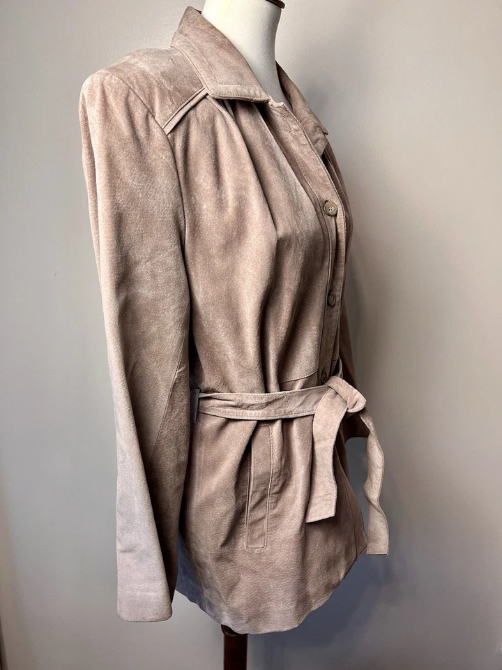 Jaqueta de couro vintage ORVIS feminina camurça média botão completo frontal com cinto - Imagem 2 de 4