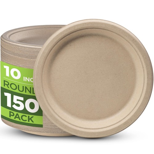 100% Compostable Paper Plates 150 Pack, 10 Inch Heavy Duty Biodegradable Micr...