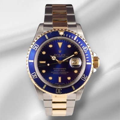 Rolex Submariner Date 40mm 18k Gold Steel BLUE Dial Oyster Watch 16613  PAPERS