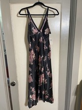 Vintage California Dynasty Nightgown Slip Dress Floral Satin Black Large