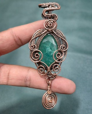 Natural Faceted Zambian Emerald Copper Wire Wrapped Pendant Handmade Jewelry