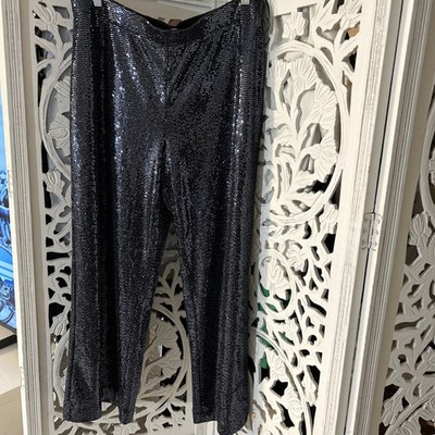 Anne Klein Black Sequin Wide Leg Pants PXL Pull-On Stretch Glam Holiday Party
