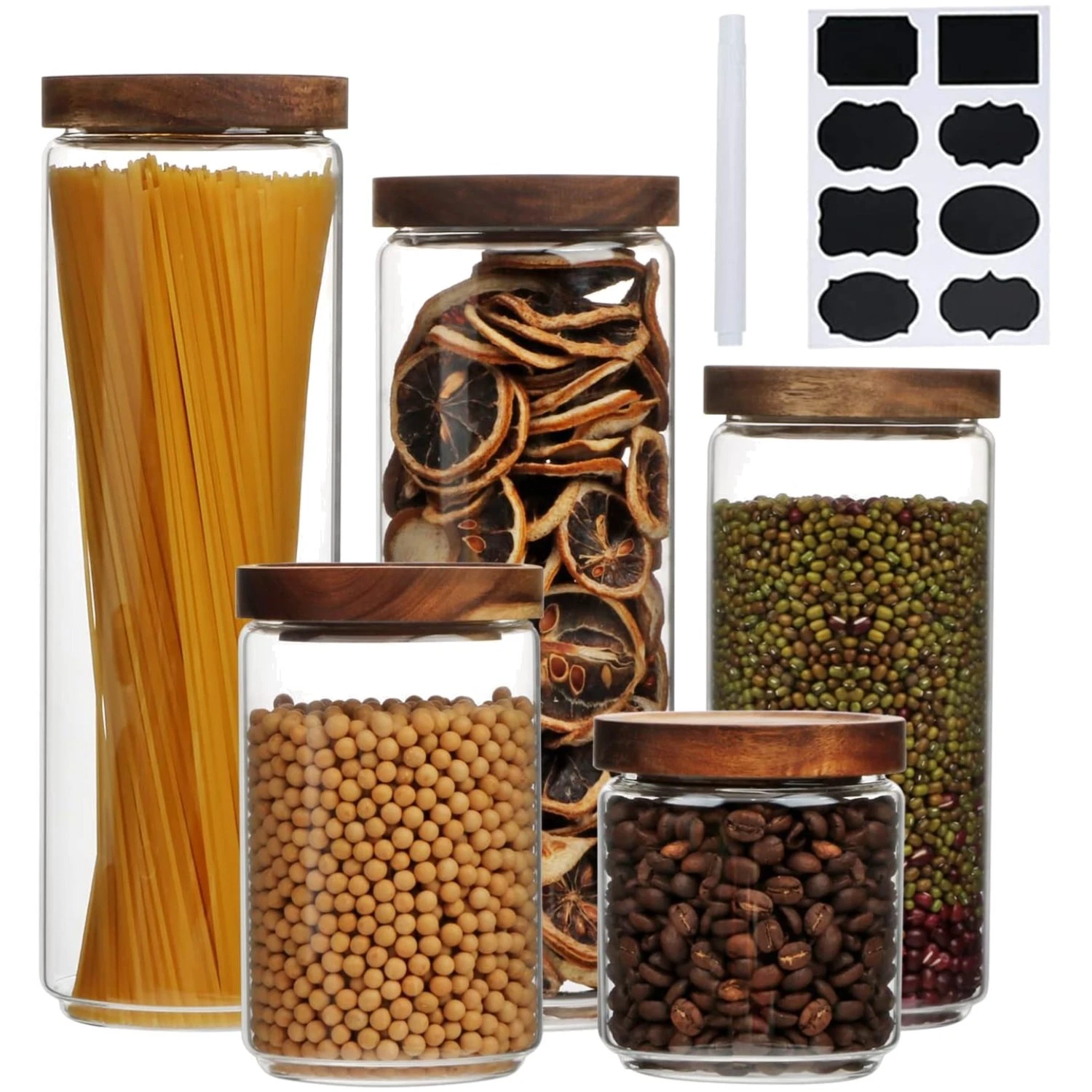 Elegant 5-Piece Airtight Glass Canister Set with Wooden Lids for Kitchen Storage