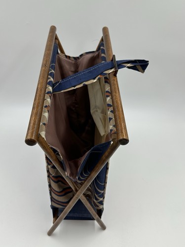 Vintage Stand Up Cloth Bag Folding Wood Sewing Knitting Yarn Craft Basket - Picture 7 of 12