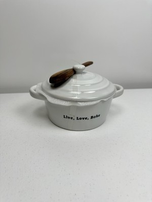 New White Brie Baker Set  Live, Love, Bake  Wooden Spreader Stoneware Oven Safe