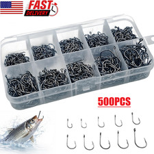 500Pcs Fish Hooks 10 Sizes Fishing Black Silver Sharpened With Box Quality kit