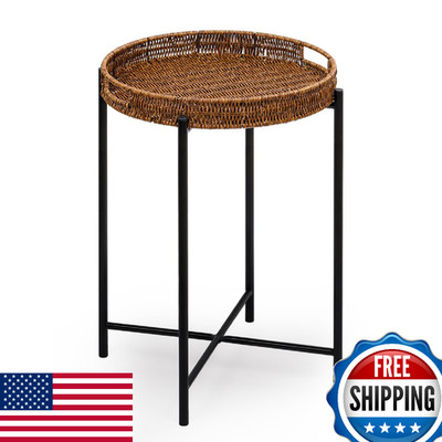 DINGTAI 16.5'' Rattan Wicker Round End Table Nightstand Sofa Side Tray