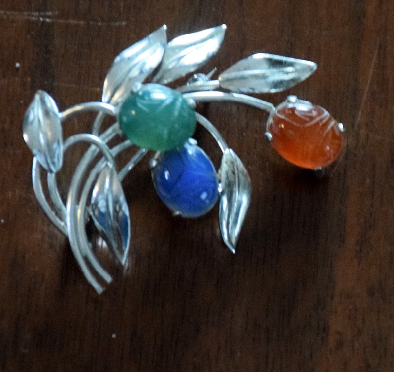 Vintage Set Silver Leaf Scarab Brooch Signed Sterling BB, Carnelian, Chalcedony