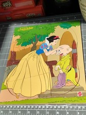 Vintage used wood puzzle Disney Mattel Snow White 7 Dwarfs Dopey Kiss 41226 8 Pc