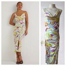 Be Beau Ruched Bodycon Midi Dress UK 12 Multicolour Retro Swirl Cowl Neck Party
