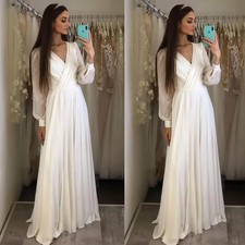 Chiffon Beach Wedding Dresses Long Sleeves V Neck Simple White Ivory Bridal Gown