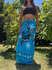 Hawaiian Design Sarong Turquoise Plumeria Honu Turtle Wrap Beach Pareo Dress