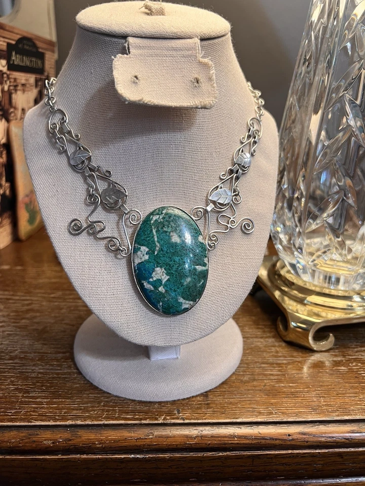 Artist Crafter 950 Silver & Chrysocolla In Quartz Necklace With Earrings  - Image 2 of 4