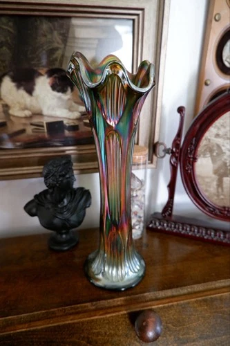 Vintage Fenton Multicolor Ribbed Carnival Glass swung Vase