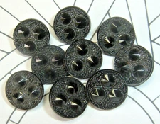 9 Fanciful Small Vintage Black Glass Buttons~Antique-Look  Raised Faceted Cones