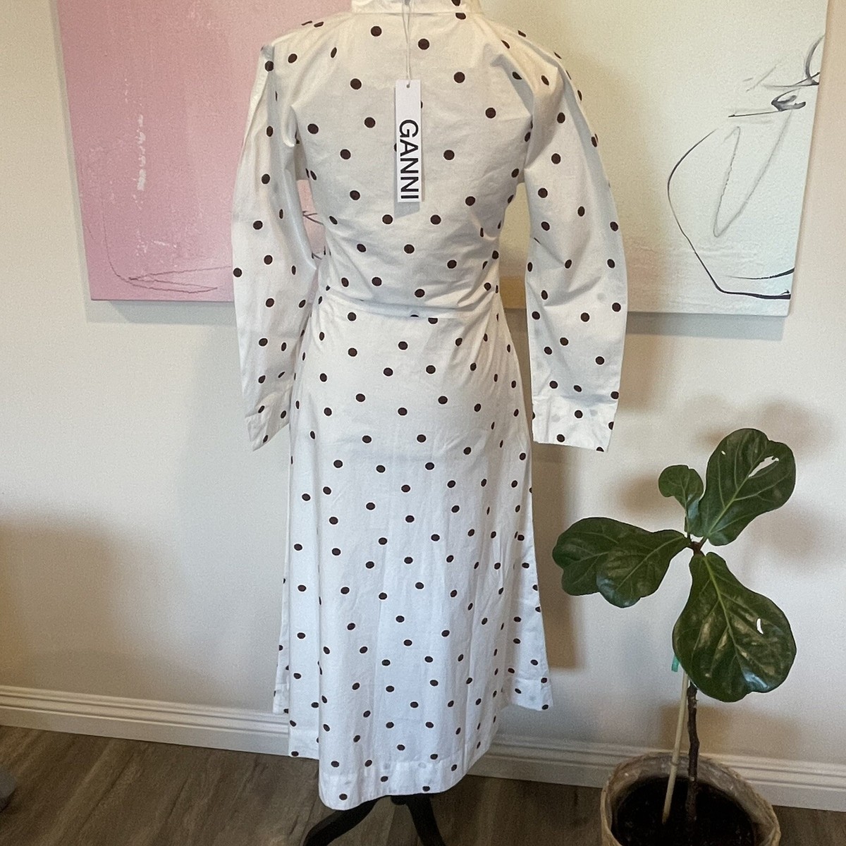 Ganni Polka Dot Print Cotton Poplin Midi Dress Pockets EU Sz
