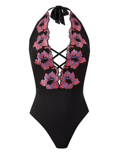 Ann Summers Embroidered Plunge Pantar Swimsuit Halter Tie Swimwear Black - Picture 3 of 6