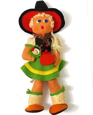 1930s Vtg German/Swiss Felt Girl Doll Hat Flowers Bead Blouse Apron Braided Hair