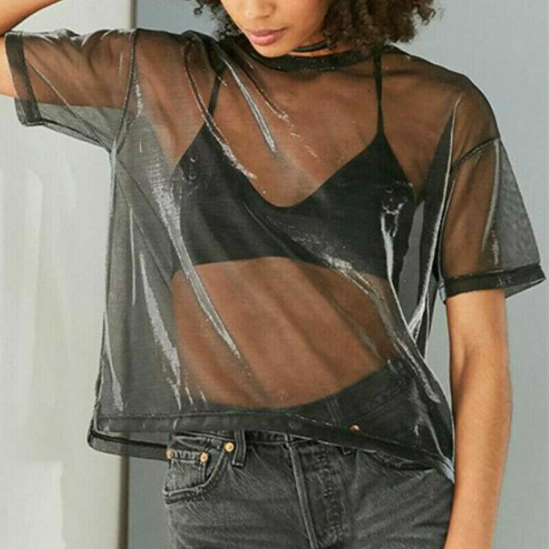 Sexy Top Corto de Malla Transparente - Para Mujer Camiseta sin Mangas Transparente, Lencería Chaleco Blusa