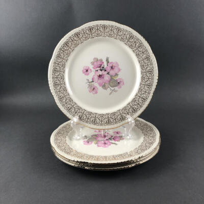 Vtg Homer Laughlin 4 Dinner Plates Pink Flowers Gold Filigree Border L621