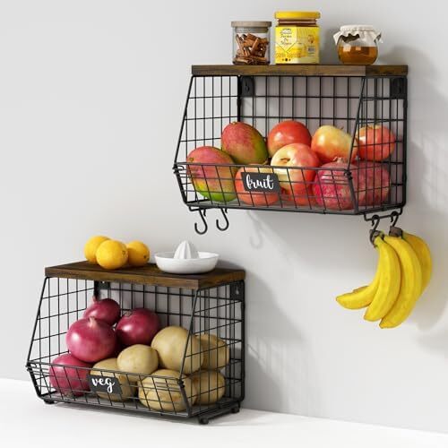 Hanging Wall Fruit Basket for Kitchen Counter 2 Pack, Stackable Wire Baskets for
