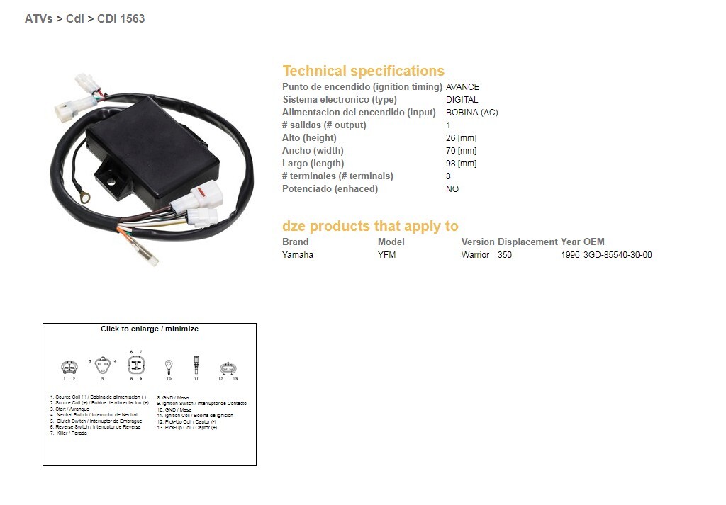 Module CDI DZE Yamaha YFM350 Warrior contre les pannes d'allumage