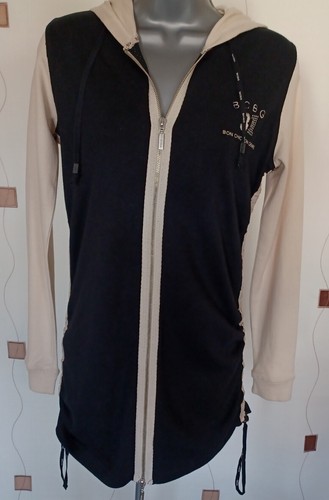 HOODIE SWEATSHIRT SPORT TOP SMALL S LONG LINE BLACK BEIGE ZIP BCBG MAXAZRIA - Picture 4 of 11