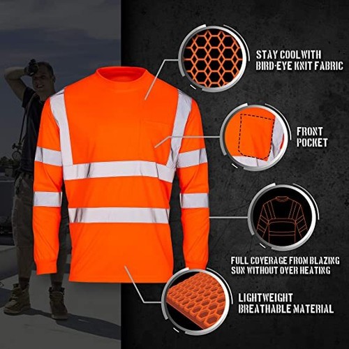 Hi-Vis High Visibility Reflective ANSI Class 3 Work Safety T Shirts Long Sleeves - Picture 4 of 12