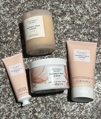 Victoria s Secret Coconut Milk & Rose The Calm Kit 4 Pc Set Scrub, Wash, Candle