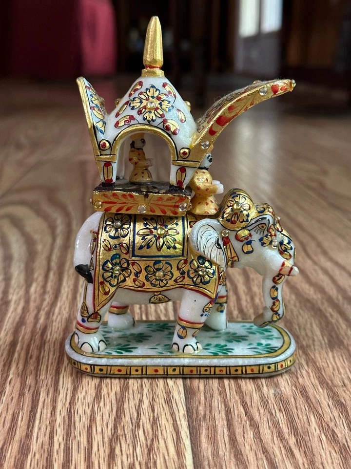 RARE GOLD LEAF ROYAL ELEPHANT PALKI WHITE MARBLE STATUE MADE IN JAIPUR INDIA - Image 3 of 4