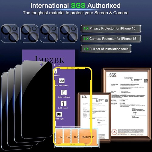 IMBZBK 4 Pack Privacy Screen Protector for iPhone 15 Tempered Glass with 4 Pack - Picture 3 of 7