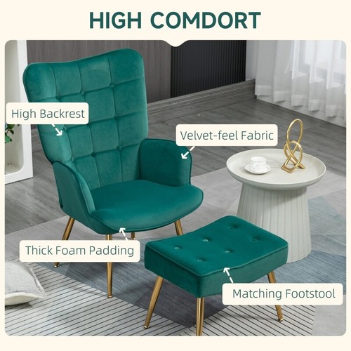 Armchair Velvet Accent Chair Tufted Wingback Recliner Ottoman Footstool Bedroom - Picture 23 of 27