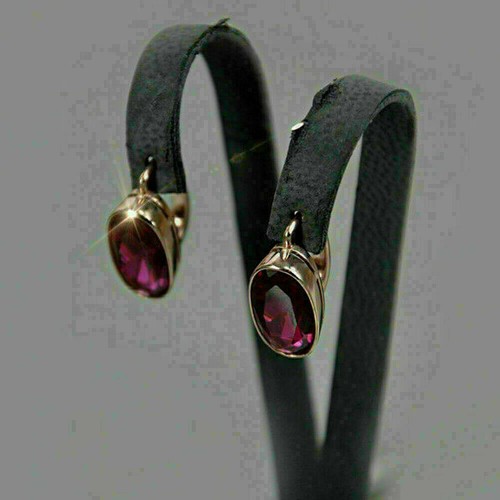 4Ct Oval Cut Created Red Ruby Dangle Hoop Women Earrings 14K Yellow Gold Finish - Picture 3 of 5