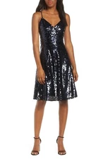 VINCE CAMUTO Navy Blue Shimmering Sequin Embellished Fit Flare Tank Dress 10