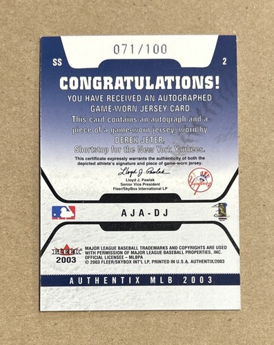 2003 Fleer Baseball Derek Jeter New York Yankees Autograph Relic Card #’d 71/100 - Picture 2 of 2