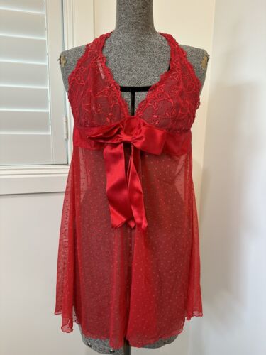 Hanky Panky red Swiss dot mesh halter neck lingerie babydoll size 10 12 14 16 L