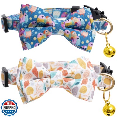 Faygarsle 2 Pack Cotton Designer Breakaway Cats Collar with Bow Tie and Bell 