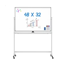 Maxtek Rolling White Board on Wheels 48x32 inch Double Side Magnetic Dry Eras...