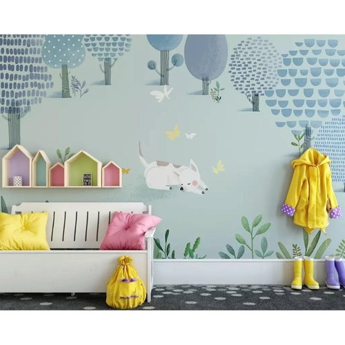 GK Wall Design Cartoon Dog Abstract Forest Kids Wallpaper Blue H:106" x W:187" - Picture 4 of 5