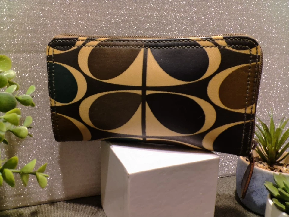 Cartera Orla Kiely Marrón Todo Alrededor Cremallera Recubierta Lona, Ranuras para Tarjetas, Bolsillo con Cremallera Foto 3 de 4