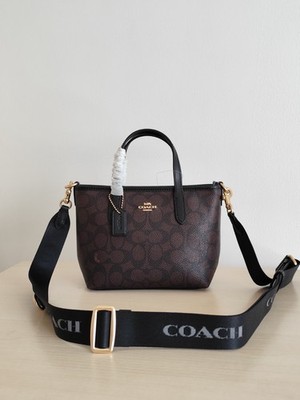 COACH CW032 City Mini Tote Bag Signature Canvas Walnut Black 2-way