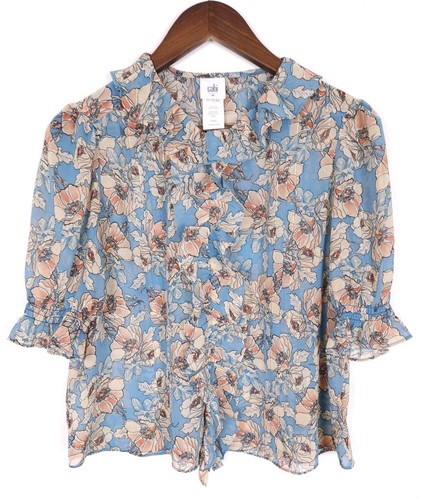 Cabi Gr. Medium blau hellbraun Blumendruck Cherish Top Kurzarm Chiffon #6507