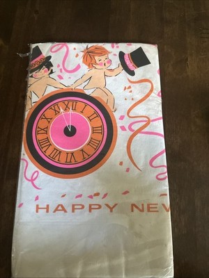 Vintage Happy New Year Tablecloth Baby Clock 54x96in Futura *READ*