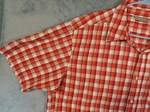 Quest Mens Short Sleeve Collared Button Shirt Plaid Orange White Button Size L - Picture 6 of 6