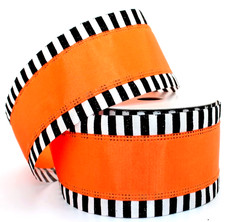 Halloween Orange 2.5" by 6 yd Wired Ribbon Iridescent Black White Stripe Edge