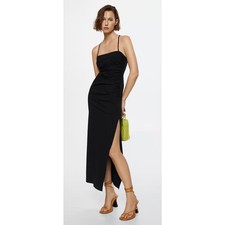 MNG Mango Ruched Midi Dress Womens Size 10 Square Neck New Black Sleeveless